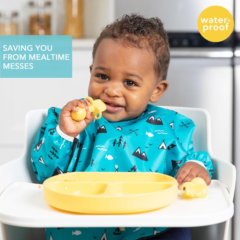 Bumkins Sleeved Bib for Girl or Boy, Baby and Toddler for 6-24 Mos, Essential Must Have for Eating, Feeding, Baby Led Weaning Supplies, Long Sleeve Mess Saving Food Catcher, Fabric, Outdoors Blue - Image 2